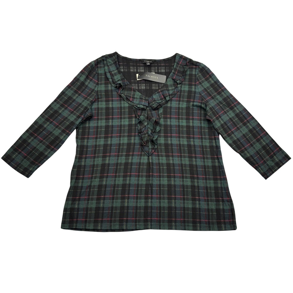 Talbots Petites Top Womens Medium Black Watch Tartan Plaid Ruffle V Neck NWT PM